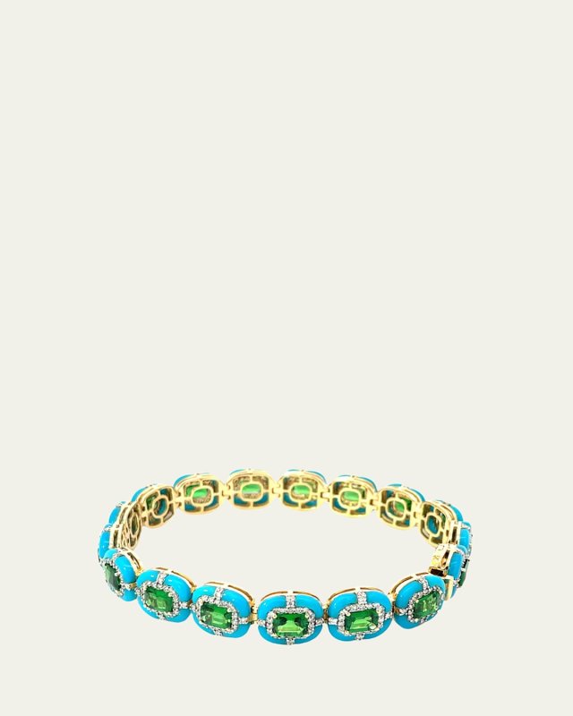 18k Yellow Gold Diamond, Tsavorite, and Turquoise Bracelet